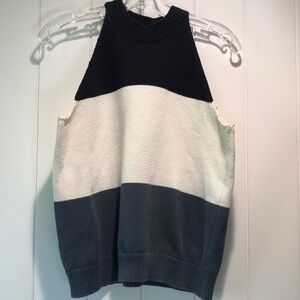 Ann Taylor sleeveless knit cotton halter top navy cream and grey green stripe LP